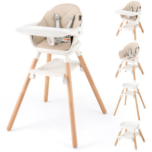 Babyjoy 6 in 1 Convertible Highchair with Safety Harness and Removable Tray-Beige