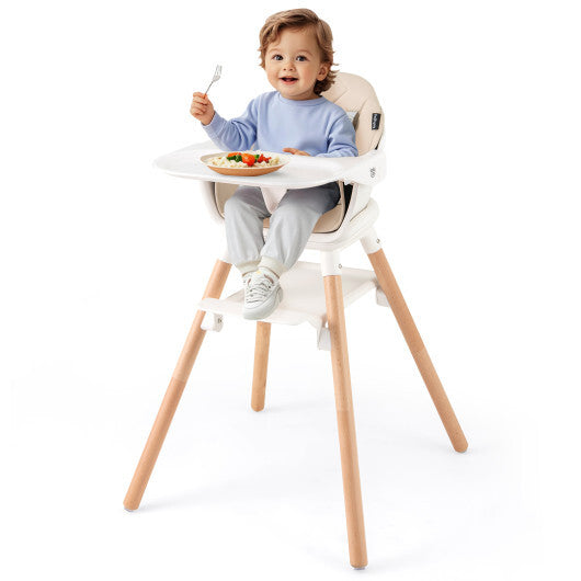 Babyjoy 6 in 1 Convertible Highchair with Safety Harness and Removable Tray-Beige