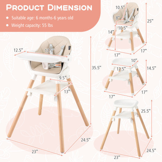 Babyjoy 6 in 1 Convertible Highchair with Safety Harness and Removable Tray-Beige