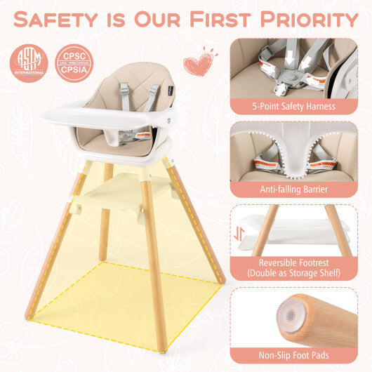 Babyjoy 6 in 1 Convertible Highchair with Safety Harness and Removable Tray-Beige