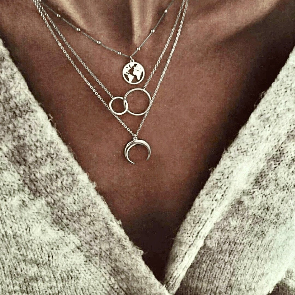 Wanderlust Layered Travel Necklace With World Moon Rings
