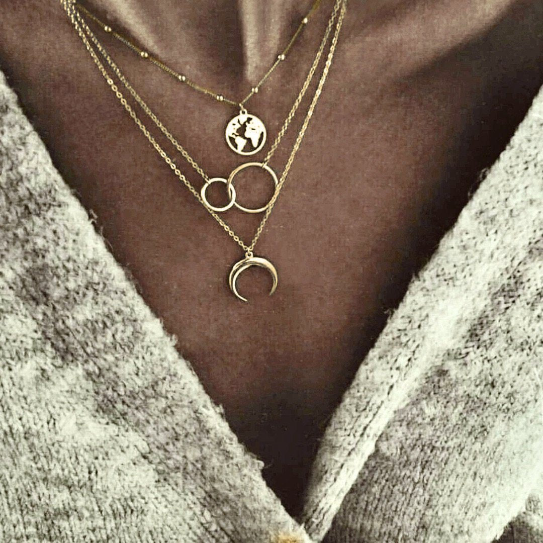 Wanderlust Layered Travel Necklace With World Moon Rings