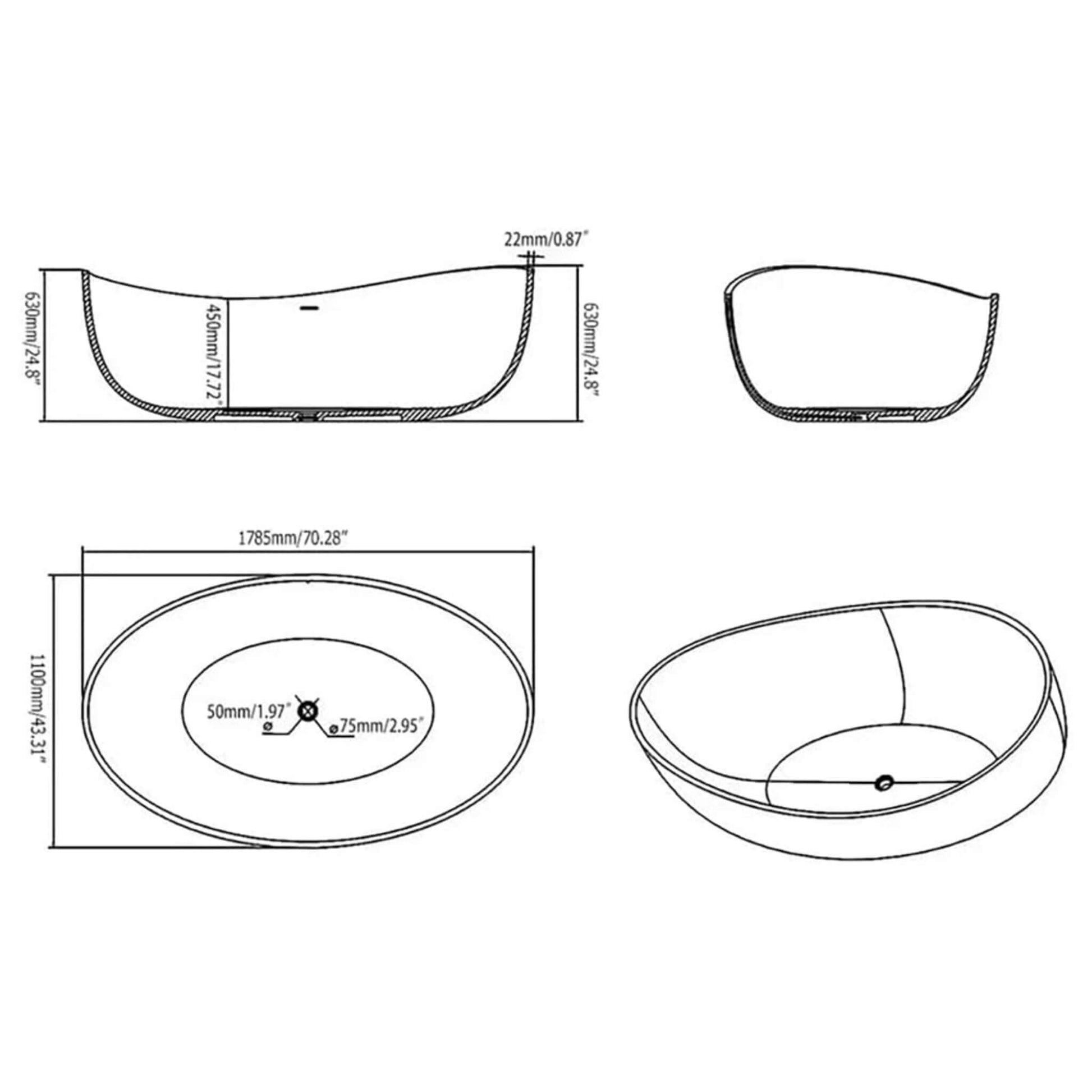 Nuvia Altura 71-Inch Premium Freestanding Extra Large Oval Stone Besin Soaking Bathtub (SAK12486)