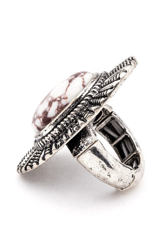 Western Statement Stone Ring Adjustable Boho Silver