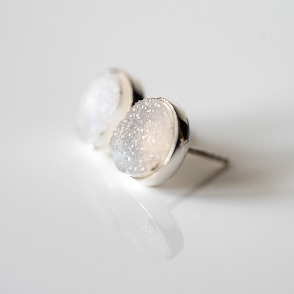 White Druzy Round Stud Earrings Sterling Silver Post