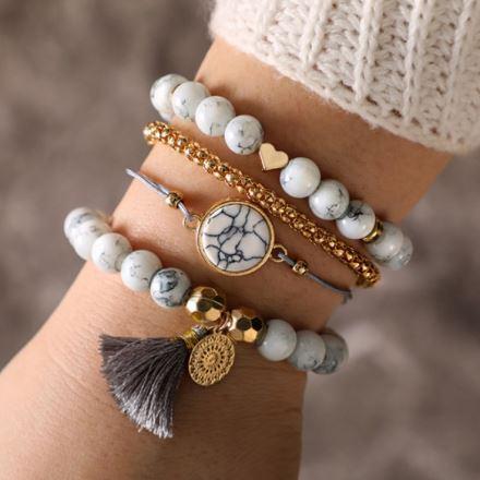 White Marble Beaded Bracelet Set Four Piece Gold Accents