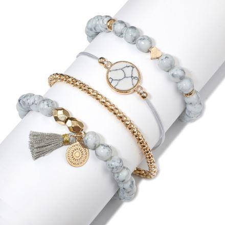 White Marble Beaded Bracelet Set Four Piece Gold Accents