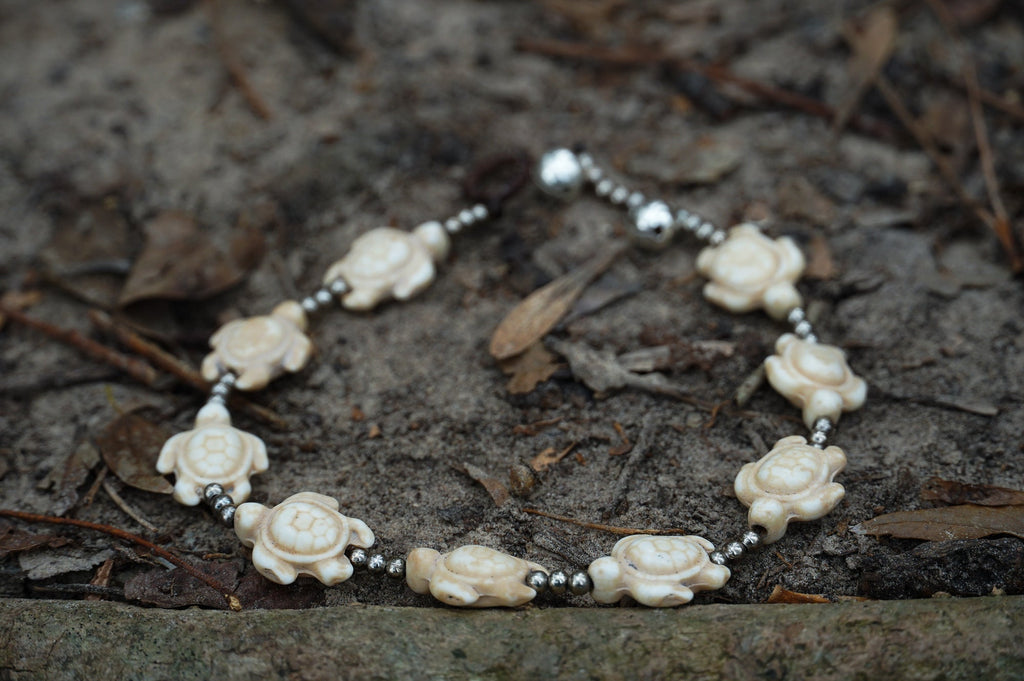 White Turtle Boho Silver Anklet Adjustable Beach Bracelet