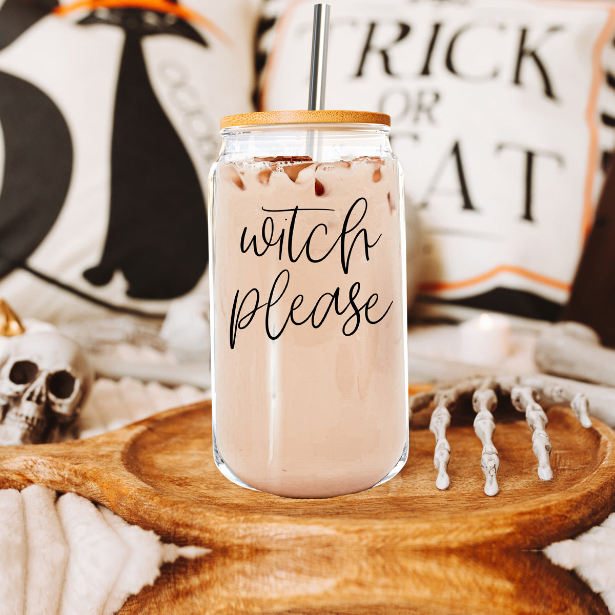 Witch Please 17oz Glass Tumbler With Bamboo Lid Stainless Straws And Cleaner