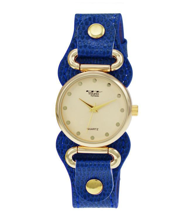 Women's Blue Textured Strap Slim Watch Gold Dial Quartz