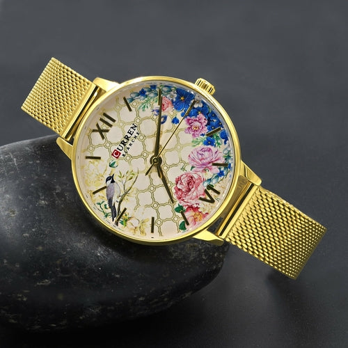 Women's Floral Dial Gold Mesh Watch Slim Elegant Chic