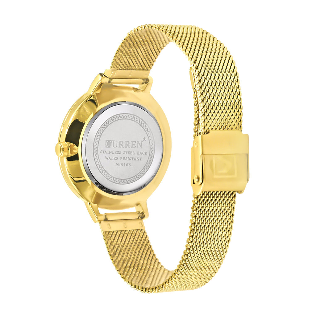 Women's Floral Dial Gold Mesh Watch Slim Elegant Chic