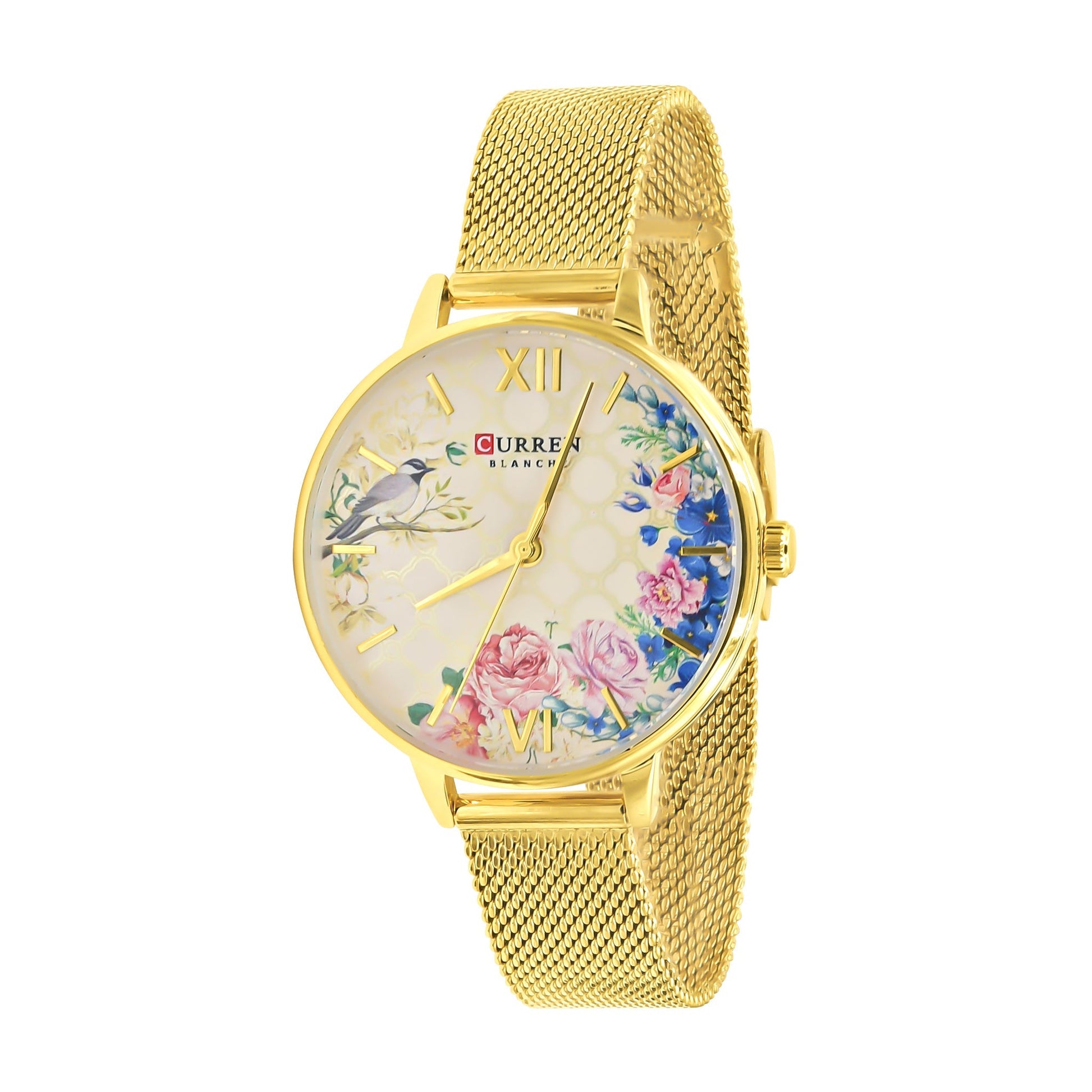 Women's Floral Dial Gold Mesh Watch Slim Elegant Chic