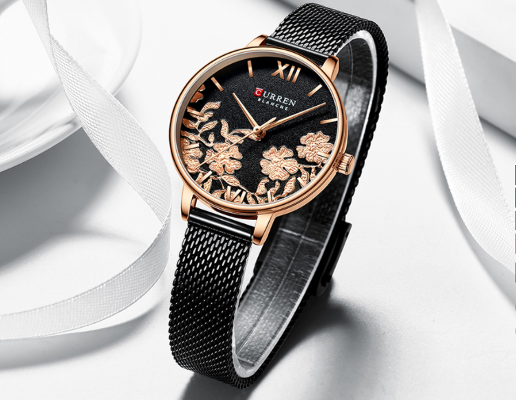 Women's Floral Dial Slim Mesh Strap Rose Gold Watch