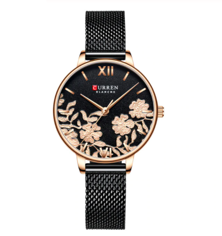 Women's Floral Dial Slim Mesh Strap Rose Gold Watch