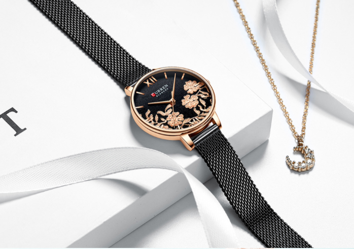 Women's Floral Dial Slim Mesh Strap Rose Gold Watch