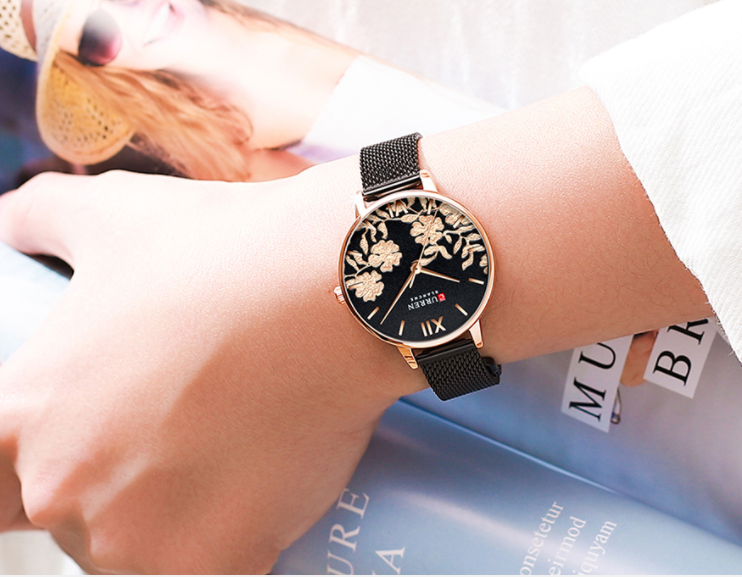 Women's Floral Dial Slim Mesh Strap Rose Gold Watch