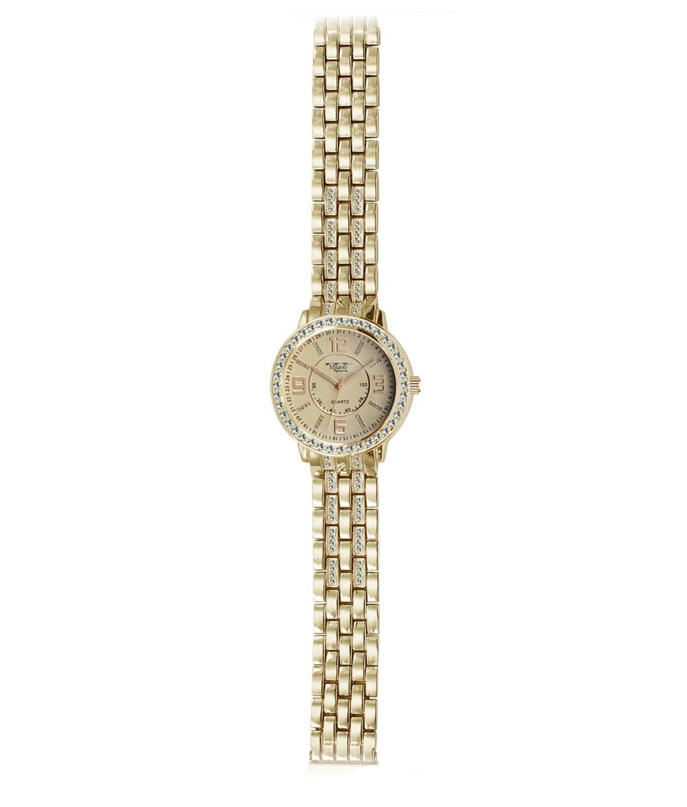 Women's Gold Crystal Bezel Bracelet Watch Slim Linked