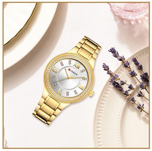 Women's Gold Crystal Bezel Metal Bracelet Watch Classic