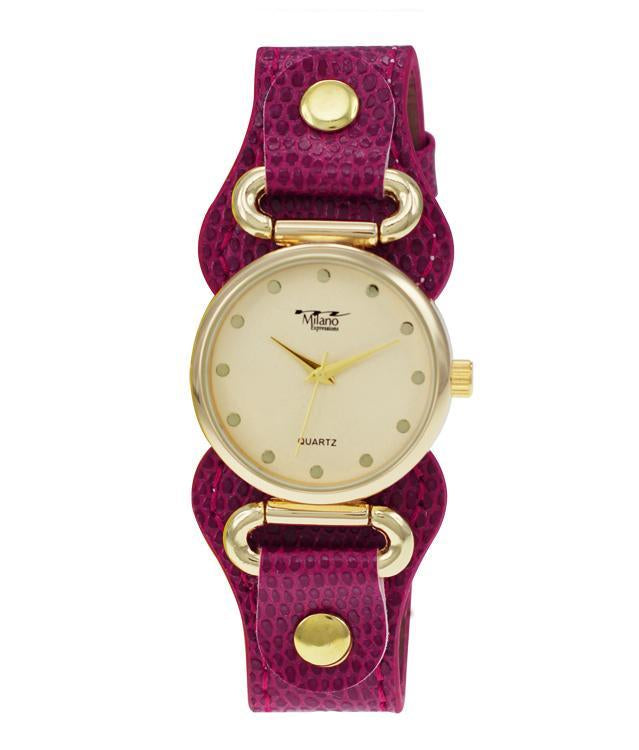 Women's Gold Dial Watch With Textured Pink Leather Band