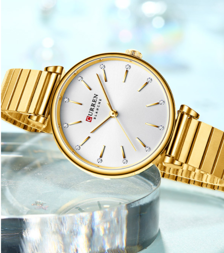 Women's Gold Elegant Slim Dress Watch With Crystal Markers