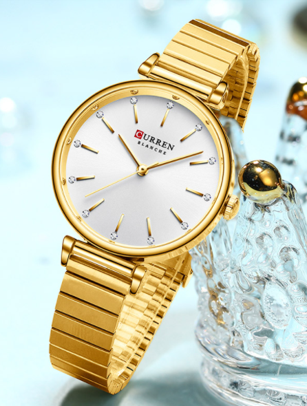 Women's Gold Elegant Slim Dress Watch With Crystal Markers