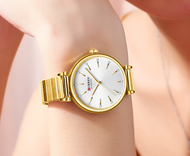 Women's Gold Elegant Slim Dress Watch With Crystal Markers