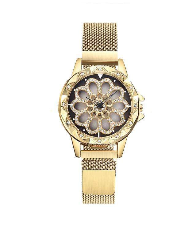Women's Gold Mesh Watch Floral Crystal Dial Elegant