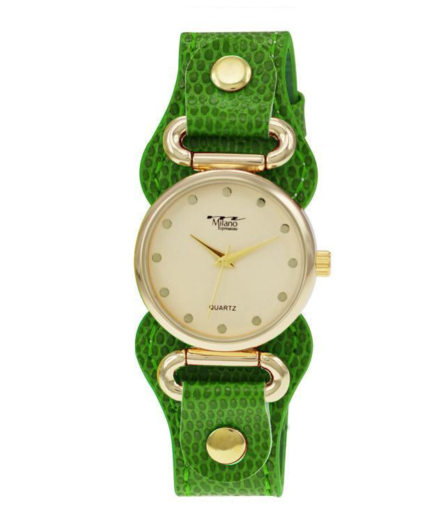 Women's Green Leather 39mm Quartz Watch Gold Slim Dial