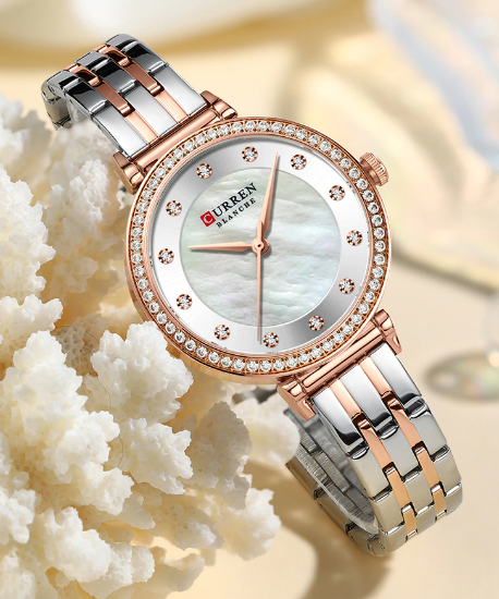 Women's Mother Of Pearl Watch Crystal Bezel Slim Bracelet