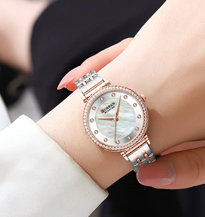 Women's Mother Of Pearl Watch Crystal Bezel Slim Bracelet