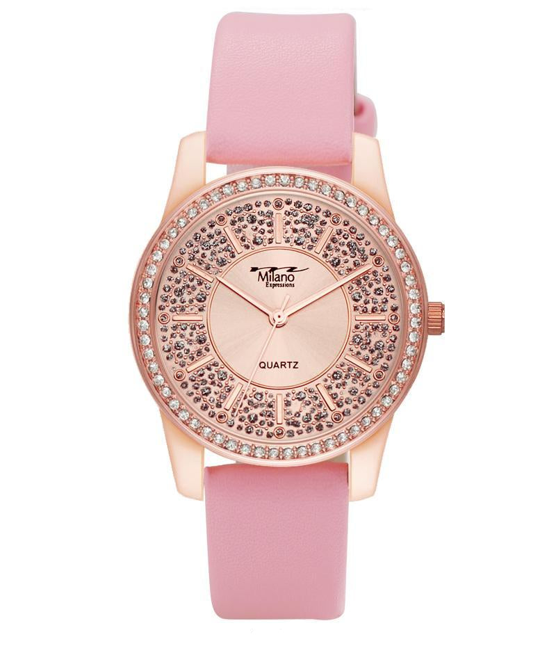 Women's Pink Leather Strap Rose Gold Crystal Slim Watch