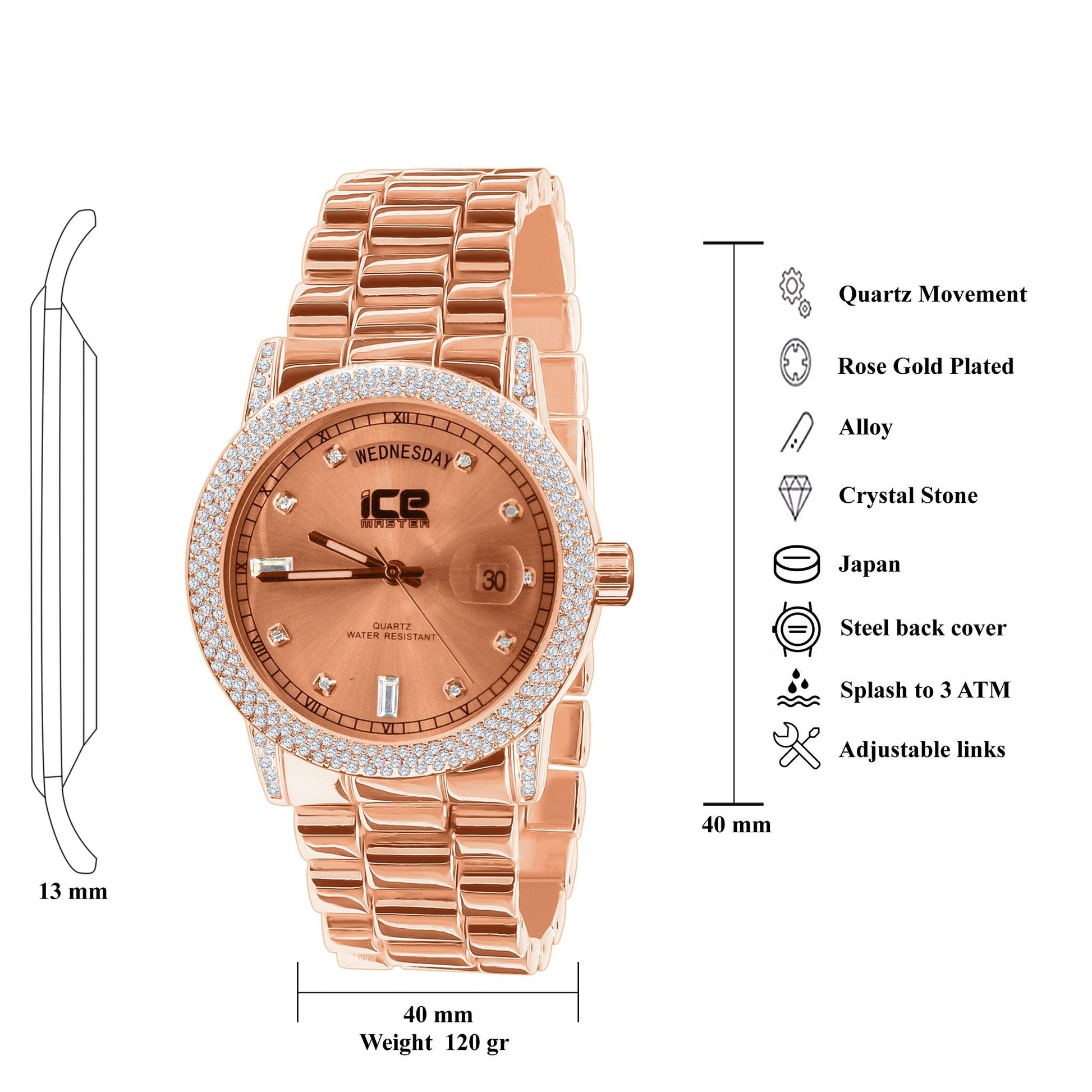 Women's Rose Gold Crystal Bezel Metal Bracelet Watch