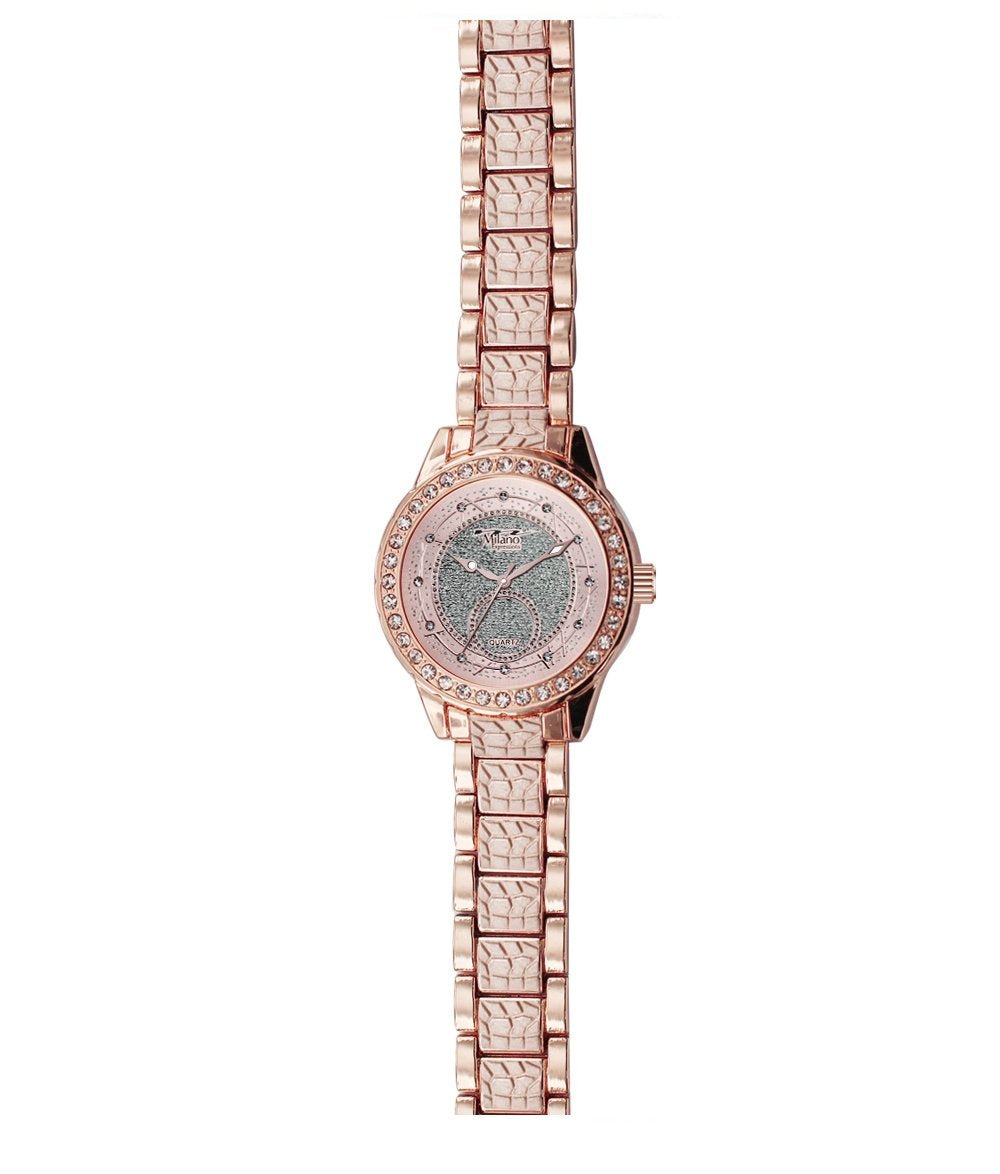 Women's Rose Gold Dress Watch Slim Crystal Bezel Bracelet