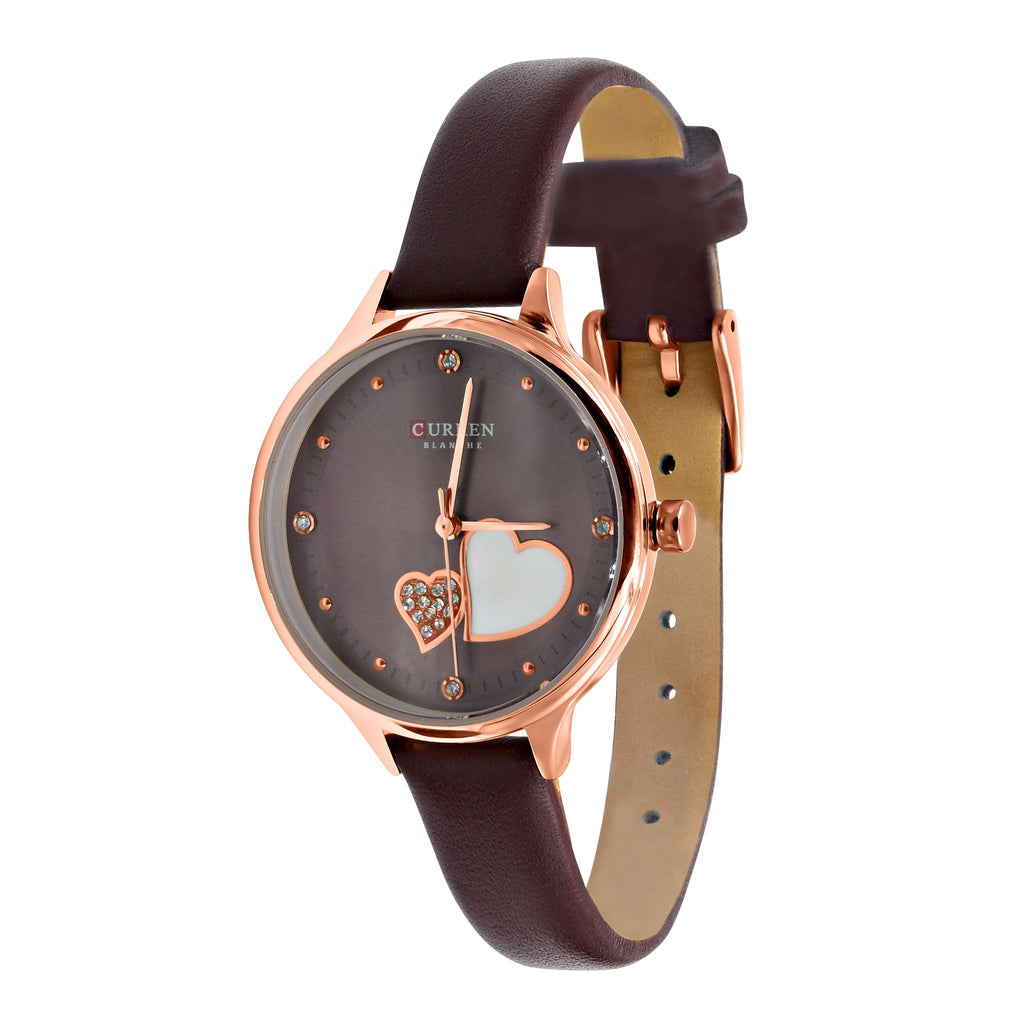 Women's Rose Gold Heart Watch 34mm Leather Strap Elegant