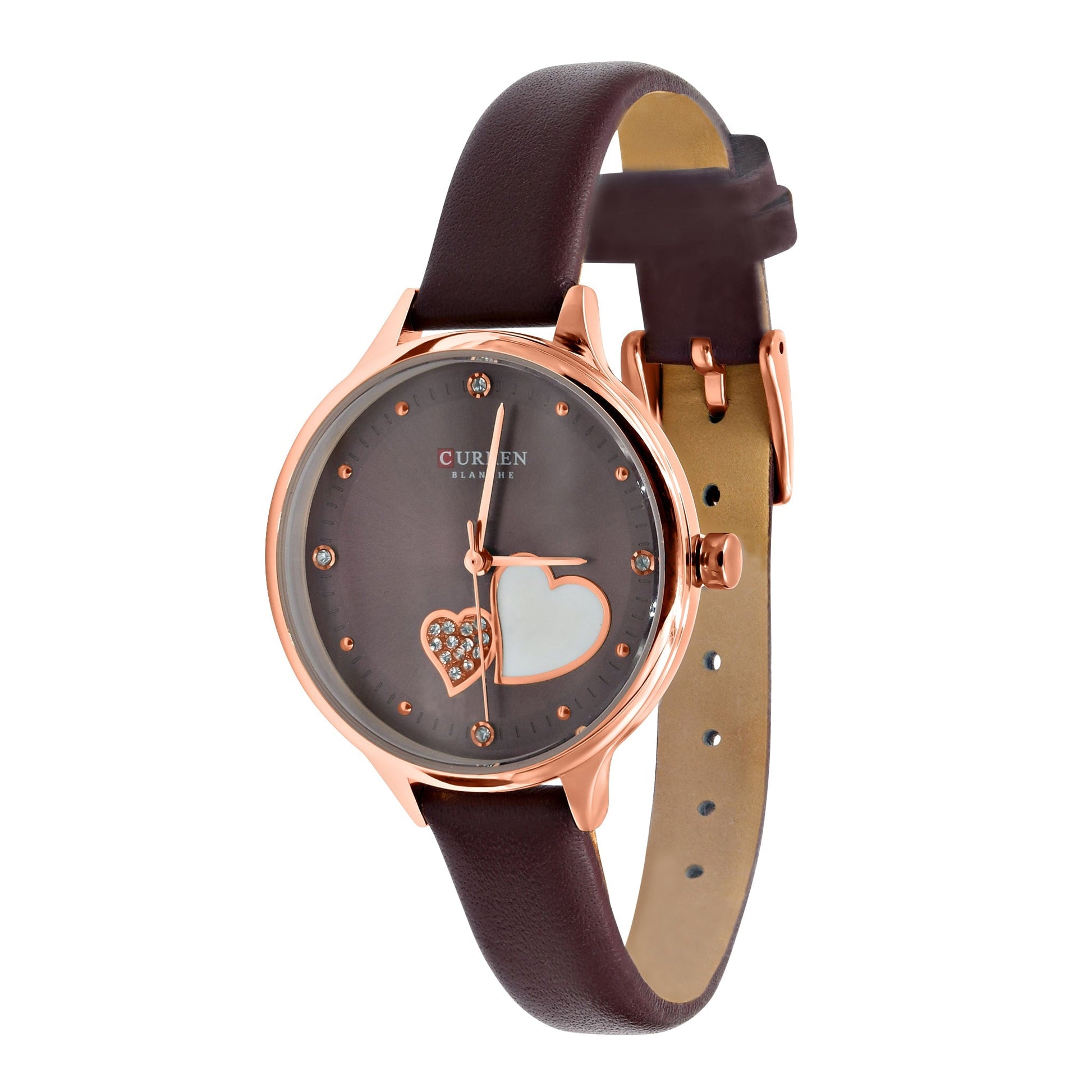 Women's Rose Gold Heart Watch 34mm Leather Strap Elegant