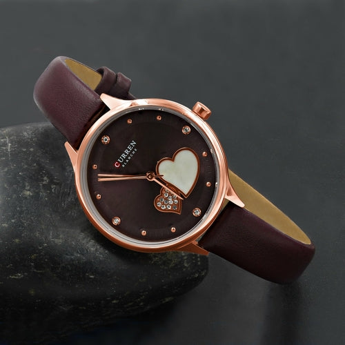 Women's Rose Gold Heart Watch 34mm Leather Strap Elegant