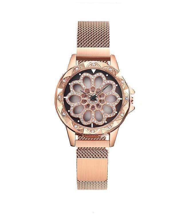 Women's Rose Gold Mesh Strap Elegant Floral Crystal Watch