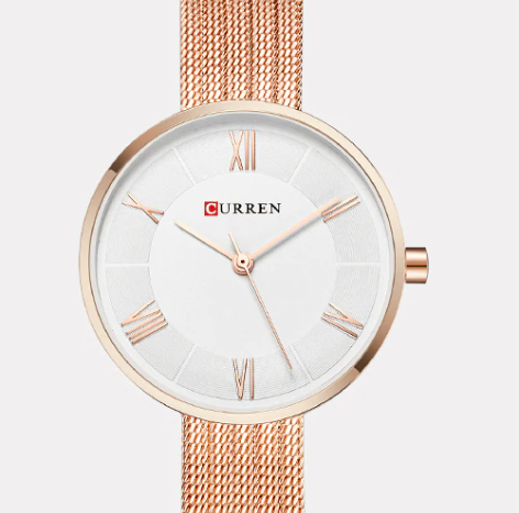 Women's Rose Gold Mesh Strap Minimalist Dress Watch