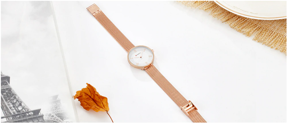 Women's Rose Gold Mesh Strap Minimalist Dress Watch