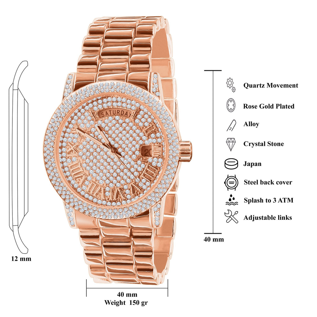 Women's Rose Gold Pavé Crystal 40 Mm Bracelet Watch