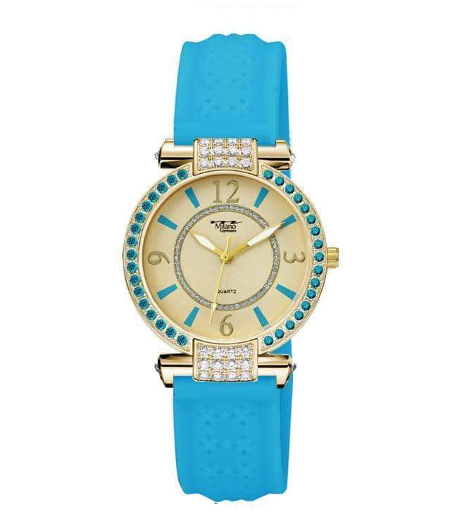 Women's Silicone Strap Watch Gold Crystal Turquoise