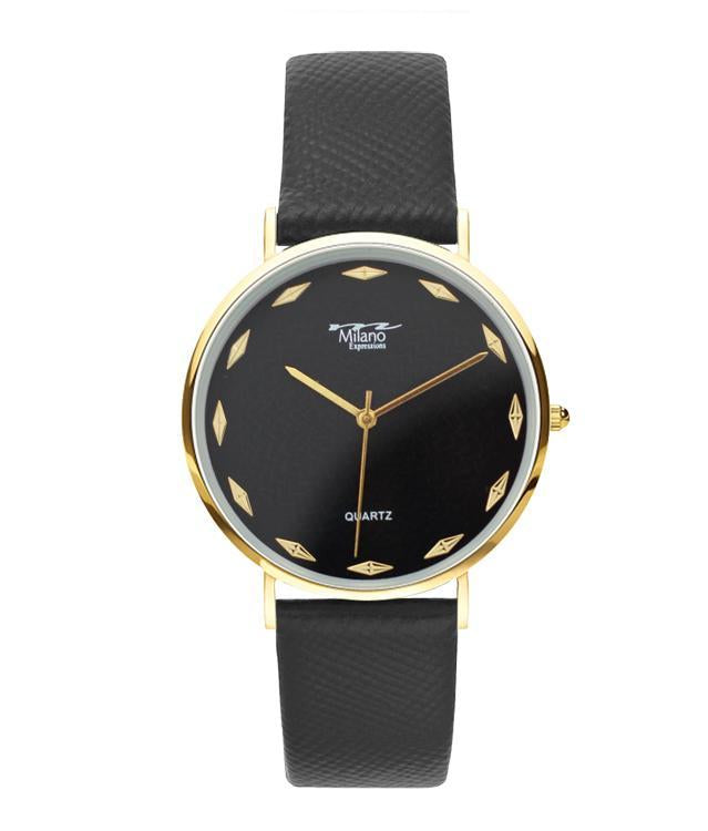 Women's Slim Black Dial Watch Gold Markers Leather Strap