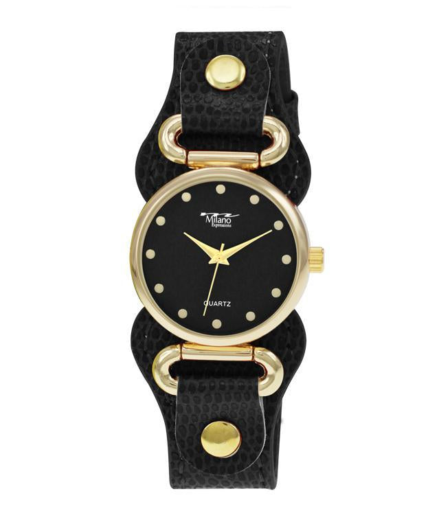 Women's Slim Round Gold Case Watch Black Leather Band