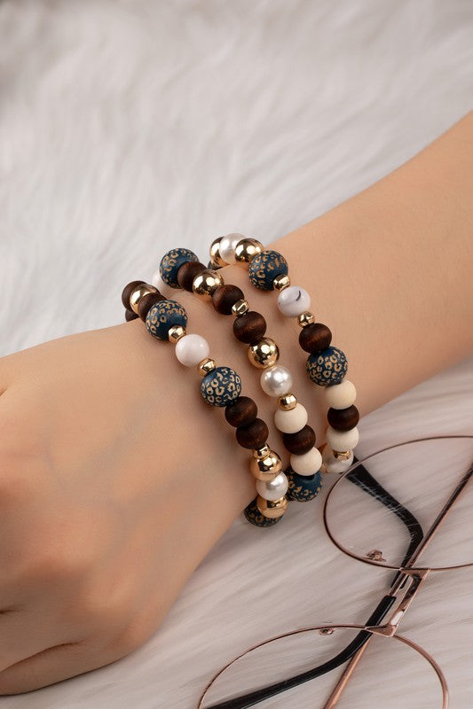 Wood Carved Animal Print Bracelet Set Of 3 Boho Beaded