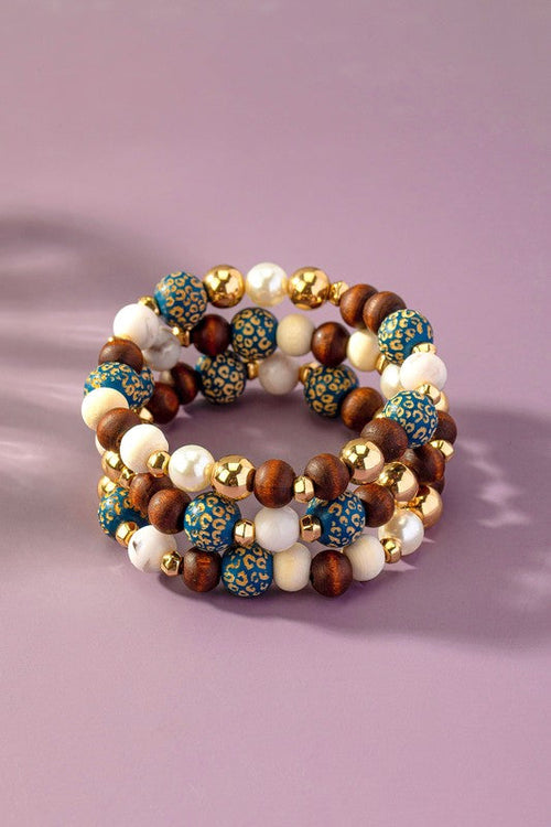 Wood Carved Animal Print Bracelet Set Of 3 Boho Beaded
