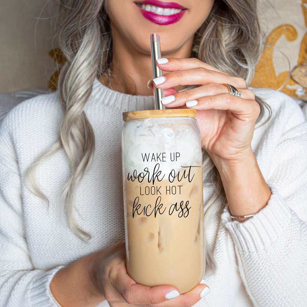 Wake Up Look Hot 17oz Glass Tumbler With Bamboo Lid - Motivational Coffee Cup