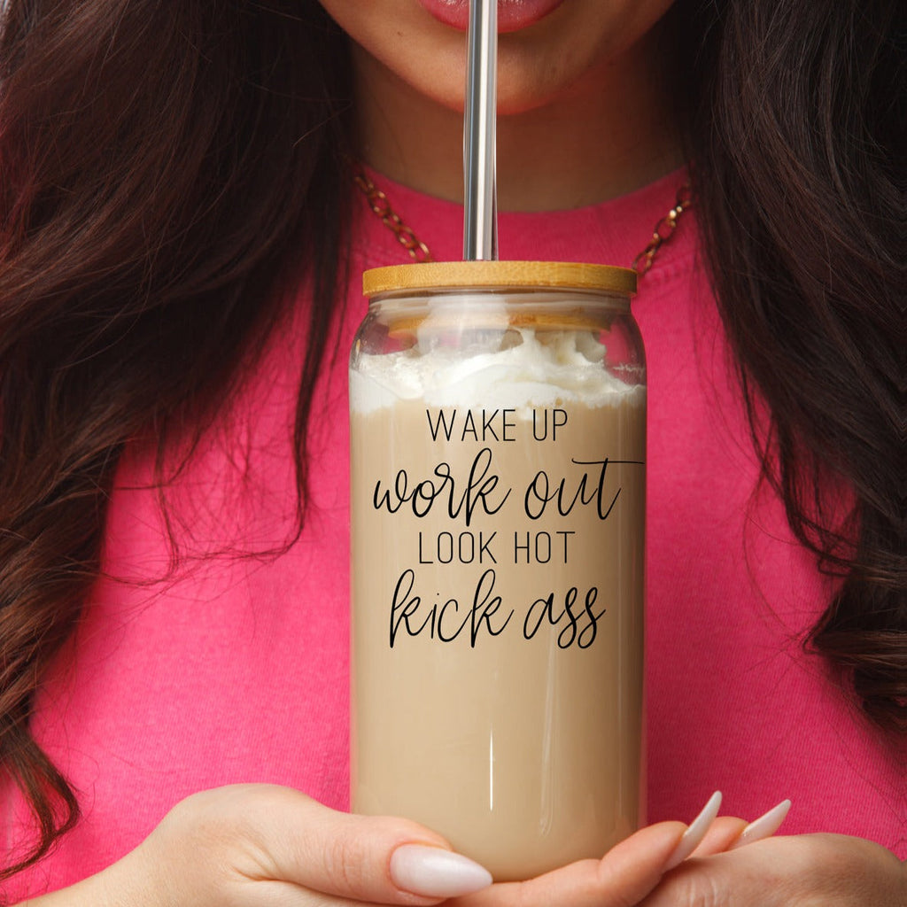 Wake Up Look Hot 17oz Glass Tumbler With Bamboo Lid - Motivational Coffee Cup