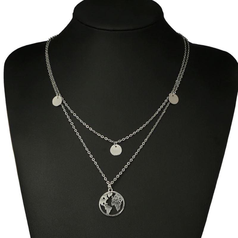 World Map Necklace Gold Travel Pendant Layered Choker