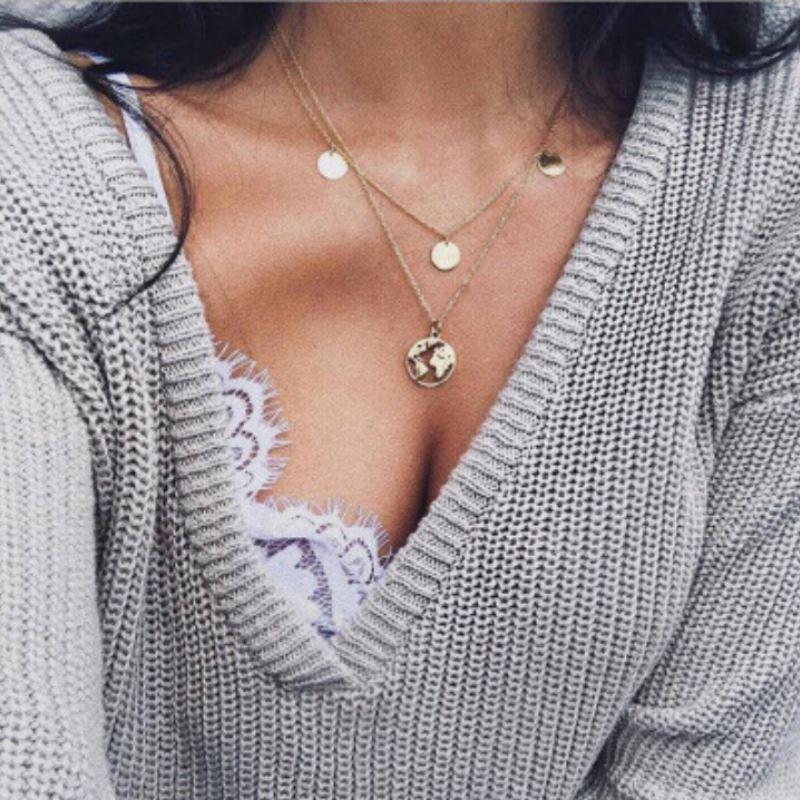 World Map Necklace Gold Travel Pendant Layered Choker